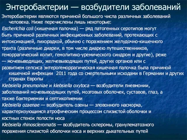 Энтеробактерии — возбудители заболеваний Энтеробактерии являются причиной большого числа различных заболеваний человека.