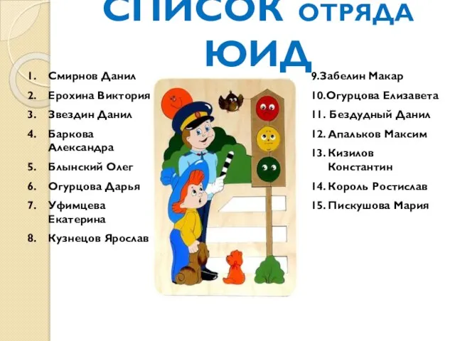 СПИСОК ОТРЯДА ЮИД Смирнов Данил Ерохина Виктория Звездин Данил Баркова Александра Блынский