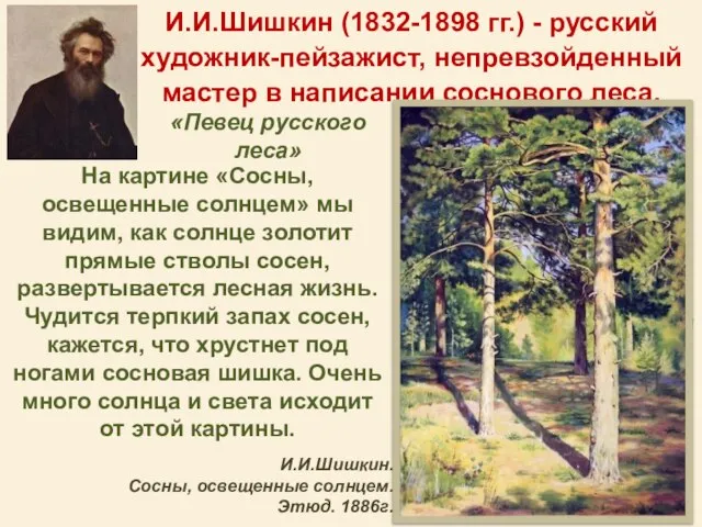 И.И.Шишкин (1832-1898 гг.) - русский художник-пейзажист, непревзойденный мастер в написании соснового леса.