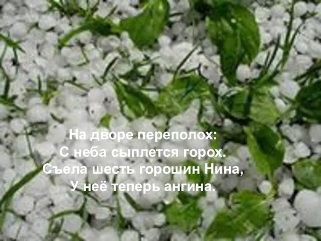 На дворе переполох: С неба сыплется горох. Съела шесть горошин Нина, У неё теперь ангина.