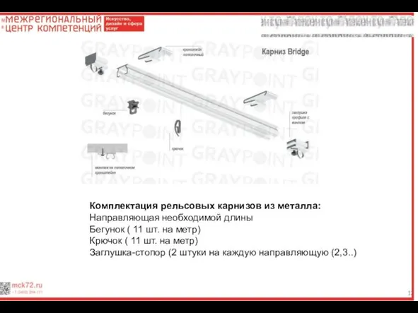 Комплектация рельсовых карнизов из металла: Направляющая необходимой длины Бегунок ( 11 шт.