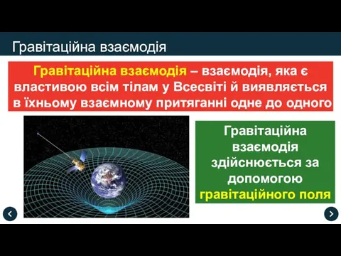 Гравітаційна взаємодія Гравітаційна взаємодія – взаємодія, яка є властивою всім тілам у