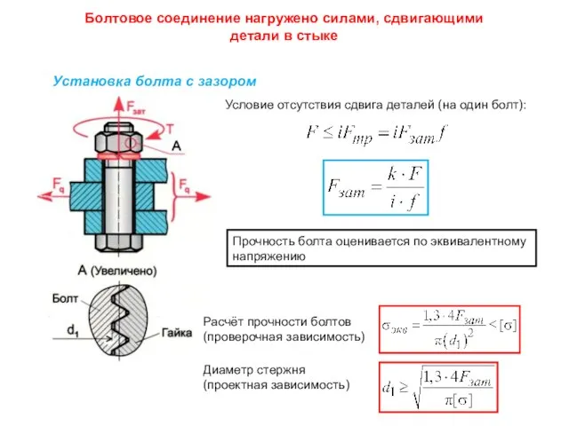 Болтовое соединение нагружено силами, сдвигающими детали в стыке Установка болта с зазором