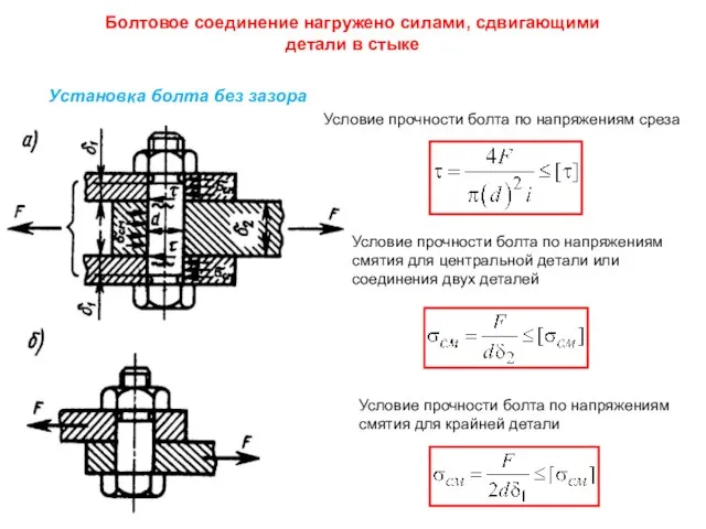 Болтовое соединение нагружено силами, сдвигающими детали в стыке Установка болта без зазора