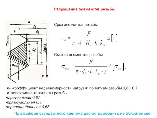 Разрушение элементов резьбы Срез элементов резьбы Смятие элементов резьбы При выборе стандартного