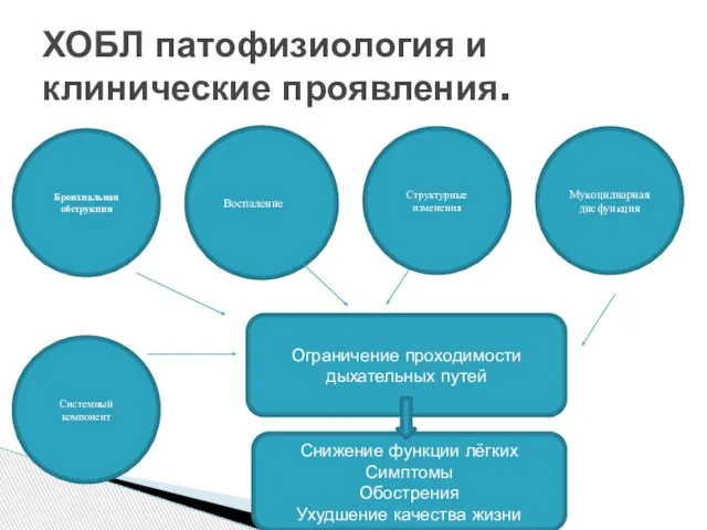 ХОБЛ патофизиология и клинические проявления. Бронхиальная обструкция Воспаление Структурные изменения Мукоцилиарная дисфункция