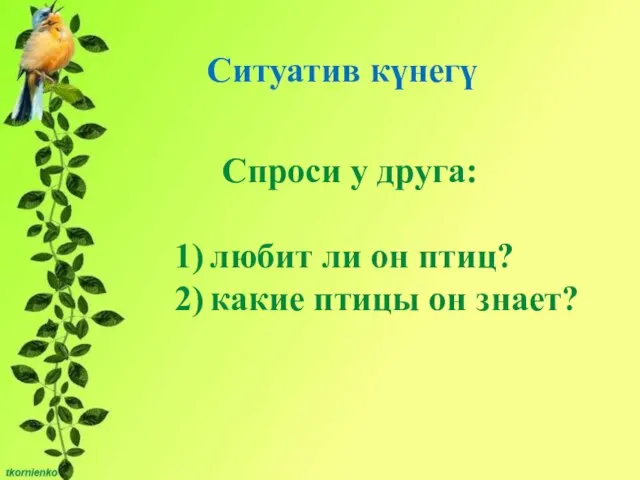 Спроси у друга: любит ли он птиц? какие птицы он знает? Ситуатив күнегү