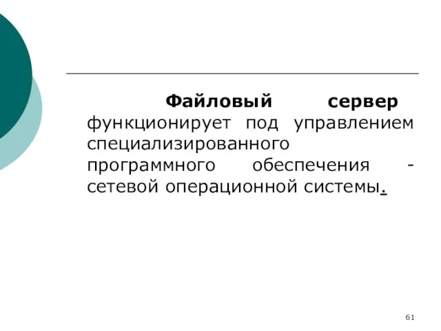 Файловый сервер функционирует под управлением специализированного программного обеспечения - сетевой операционной системы.