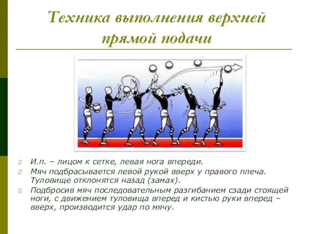 Техника выполнения верхней прямой подачи И.п. – лицом к сетке, левая нога