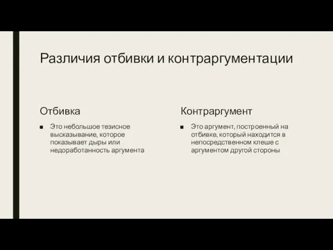 Различия отбивки и контраргументации Отбивка Это небольшое тезисное высказывание, которое показывает дыры