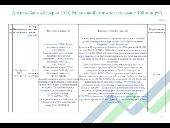 Активы Банк «Уссури» (АО) балансовой стоимостью свыше 100 млн руб. Лист 3