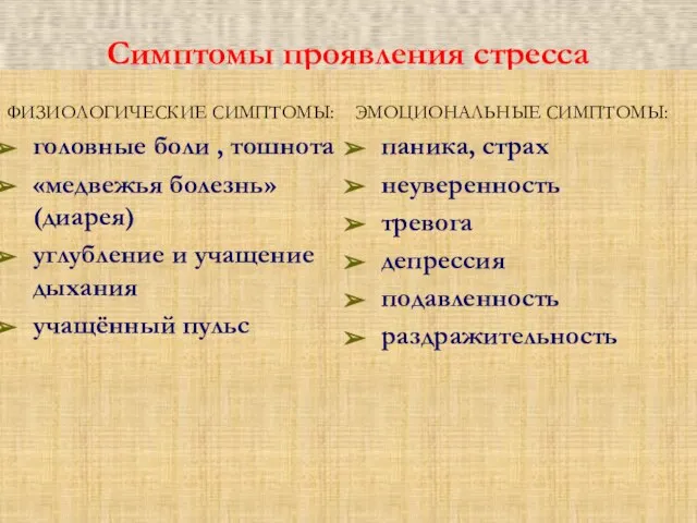 Симптомы проявления стресса ФИЗИОЛОГИЧЕСКИЕ СИМПТОМЫ: головные боли , тошнота «медвежья болезнь» (диарея)