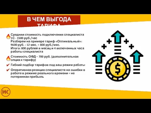 В ЧЕМ ВЫГОДА ТАРИФА Средняя стоимость подключения специалиста 1С - 1500 руб./час