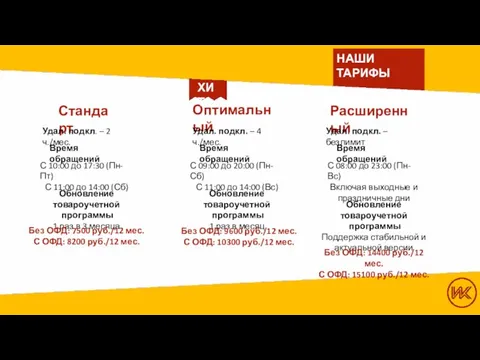 НАШИ ТАРИФЫ Стандарт Оптимальный Расширенный Удал. подкл. – 2 ч./мес. Удал. подкл.