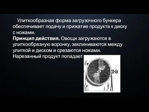 Улиткообразная форма загрузочного бункера обеспечивает подачу и прижатие продукта к диску с