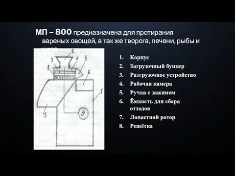 МП – 800 предназначена для протирания вареных овощей, а так же творога, печени, рыбы и мяса.