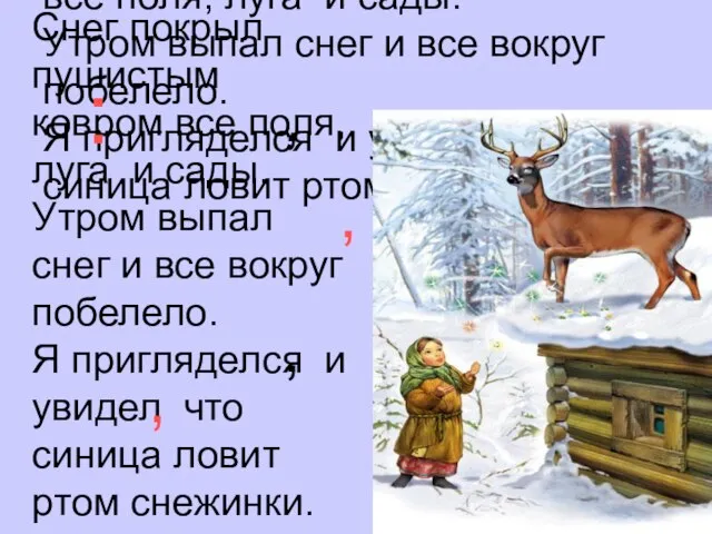 Снег покрыл пушистым ковром все поля, луга и сады. Утром выпал снег