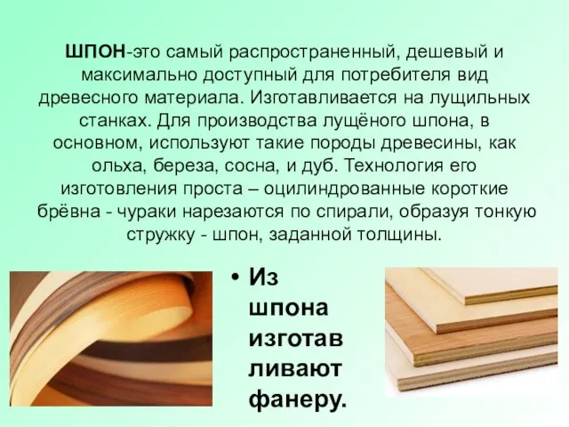ШПОН-это самый распространенный, дешевый и максимально доступный для потребителя вид древесного материала.