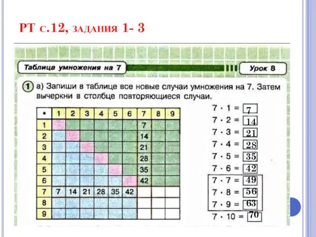 РТ с.12, задания 1- 3 7 14 21 28 35 42 49 56 63 70