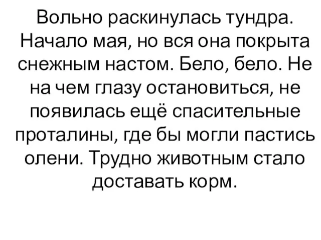 Вольно раскинулась тундра. Начало мая, но вся она покрыта снежным настом. Бело,