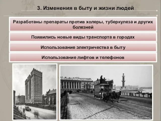 3. Изменения в быту и жизни людей Разработаны препараты против холеры, туберкулеза