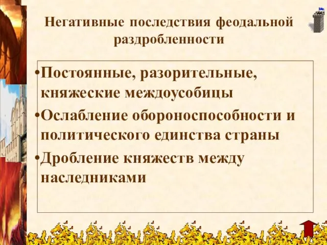 Негативные последствия феодальной раздробленности Постоянные, разорительные, княжеские междоусобицы Ослабление обороноспособности и политического