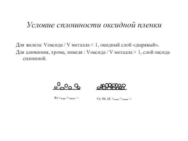 Условие сплошности оксидной пленки Для железа: Vоксида / V металла Для алюминия,