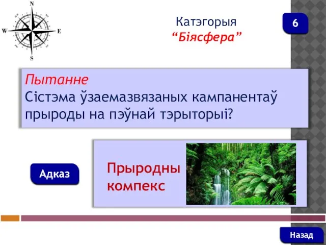 Пытанне Сістэма ўзаемазвязаных кампанентаў прыроды на пэўнай тэрыторыі? Адказ Катэгорыя “Біясфера” Прыродны компекс Назад 6