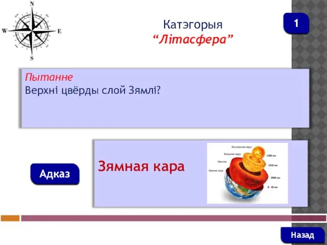 Пытанне Верхні цвёрды слой Зямлі? Адказ Катэгорыя “Літасфера” Зямная кара Назад 1