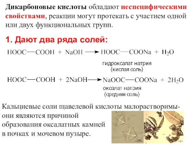 1. Дают два ряда солей: Дикарбоновые кислоты обладают неспецифическими свойствами, реакции могут