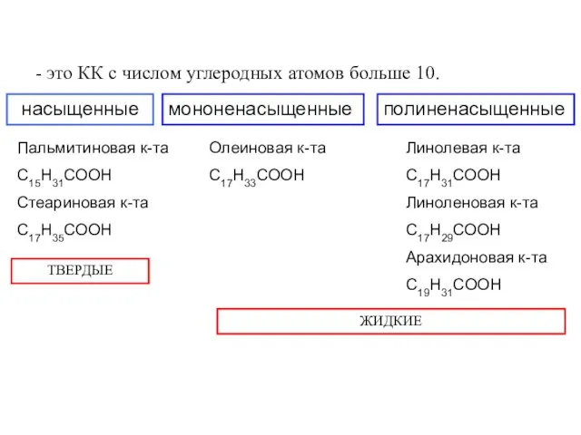 - это КК с числом углеродных атомов больше 10. насыщенные мононенасыщенные полиненасыщенные