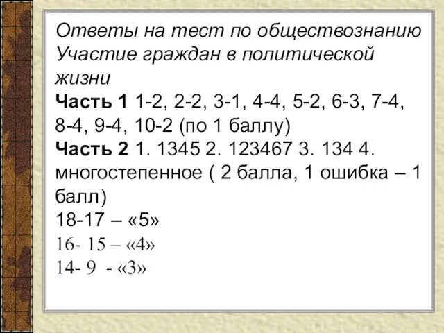 Ответы на тест по обществознанию Участие граждан в политической жизни Часть 1