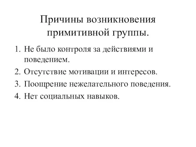 Причины возникновения примитивной группы. Не было контроля за действиями и поведением. Отсутствие