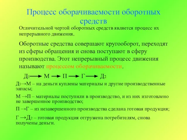 Процесс оборачиваемости оборотных средств Отличительной чертой оборотных средств является процесс их непрерывного