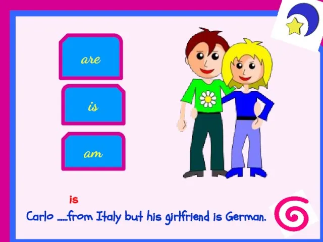 Carlo ......from Italy but his girlfriend is German. am is are is