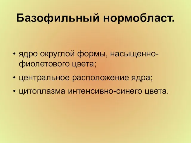 Базофильный нормобласт. ядро округлой формы, насыщенно-фиолетового цвета; центральное расположение ядра; цитоплазма интенсивно-синего цвета.