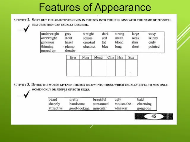 Features of Appearance