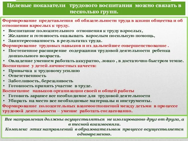 Целевые показатели трудового воспитания можно связать в несколько групп. Все направления должны