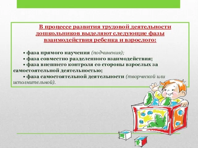 В процессе развития трудовой деятельности дошкольников выделяют следующие фазы взаимодействия ребенка и