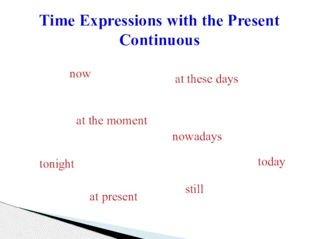Time Expressions with the Present Continuous now nowadays tonight still today at