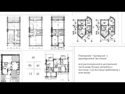 Планировки "таунхаусов" с двухмаршевой лестницей а) в) расположенной в центральной части дома;