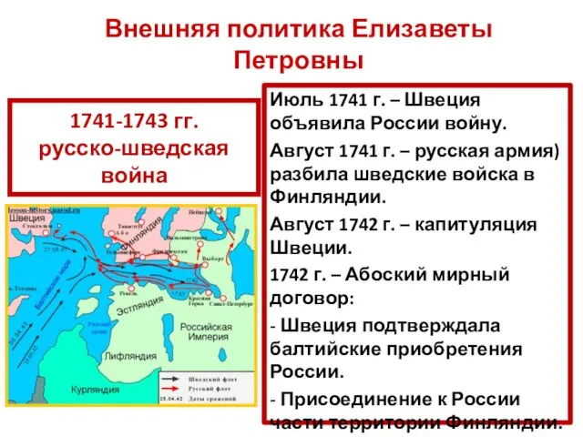 1741-1743 гг. русско-шведская война Июль 1741 г. – Швеция объявила России войну.