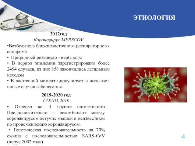 ЭТИОЛОГИЯ 2012год Коронавирус MERSCOV •Возбудитель ближневосточного респираторного синдрома • Природный резервуар -