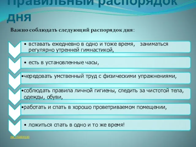 Правильный распорядок дня Важно соблюдать следующий распорядок дня: на главную