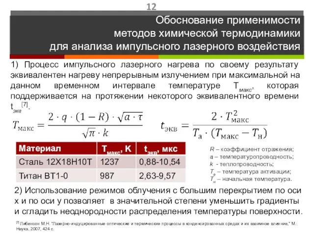 Обоснование применимости методов химической термодинамики для анализа импульсного лазерного воздействия 2) Использование