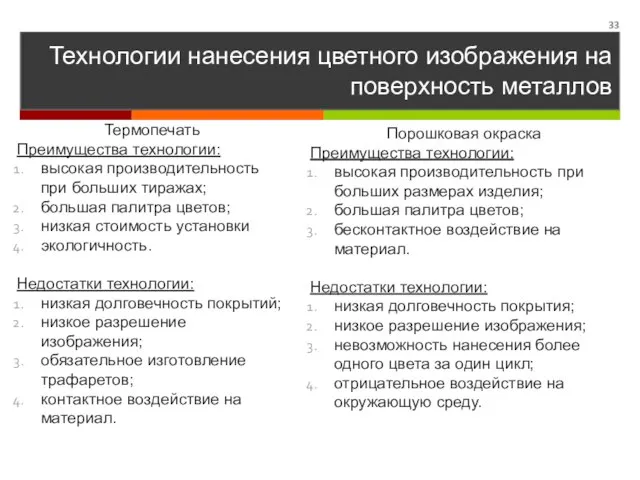 Технологии нанесения цветного изображения на поверхность металлов Термопечать Преимущества технологии: высокая производительность