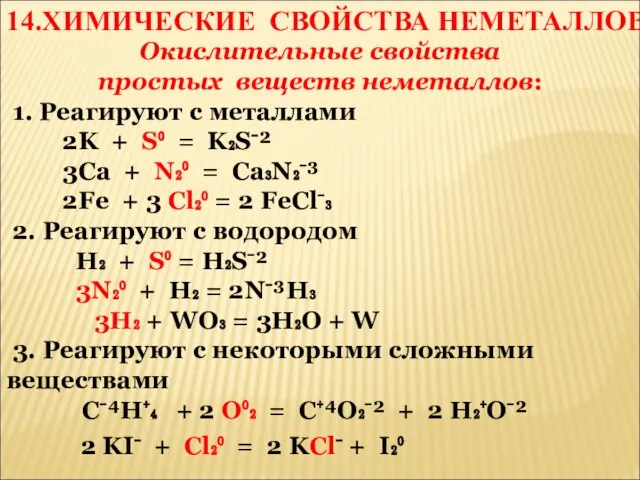 14.ХИМИЧЕСКИЕ СВОЙСТВА НЕМЕТАЛЛОВ Окислительные свойства простых веществ неметаллов: 1. Реагируют с металлами