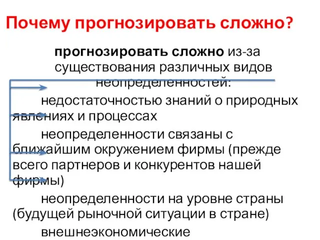 Почему прогнозировать сложно? прогнозировать сложно из-за существования различных видов неопределенностей: недостаточностью знаний