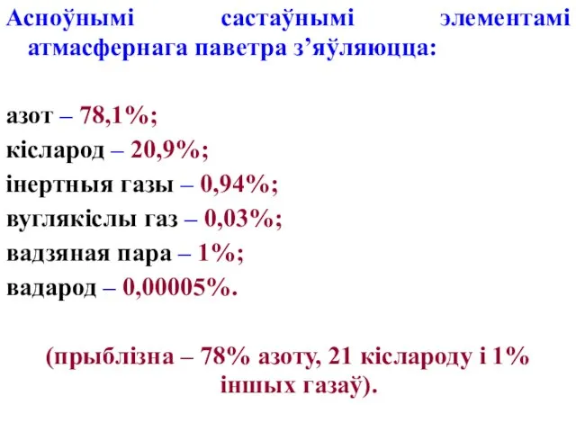 Асноўнымі састаўнымі элементамі атмасфернага паветра з’яўляюцца: азот – 78,1%; кісларод – 20,9%;