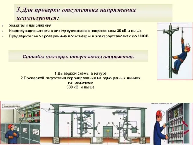 3.Для проверки отсутствия напряжения используются: Указатели напряжения Изолирующие штанги в электроустановках напряжением